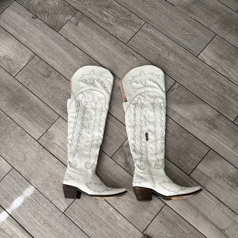 White Embroidered Knee-High Western Boots